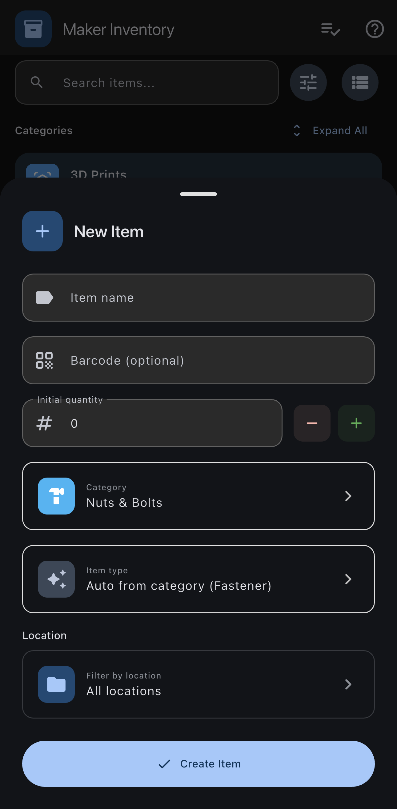 Maker Inventory screenshot: Create Item