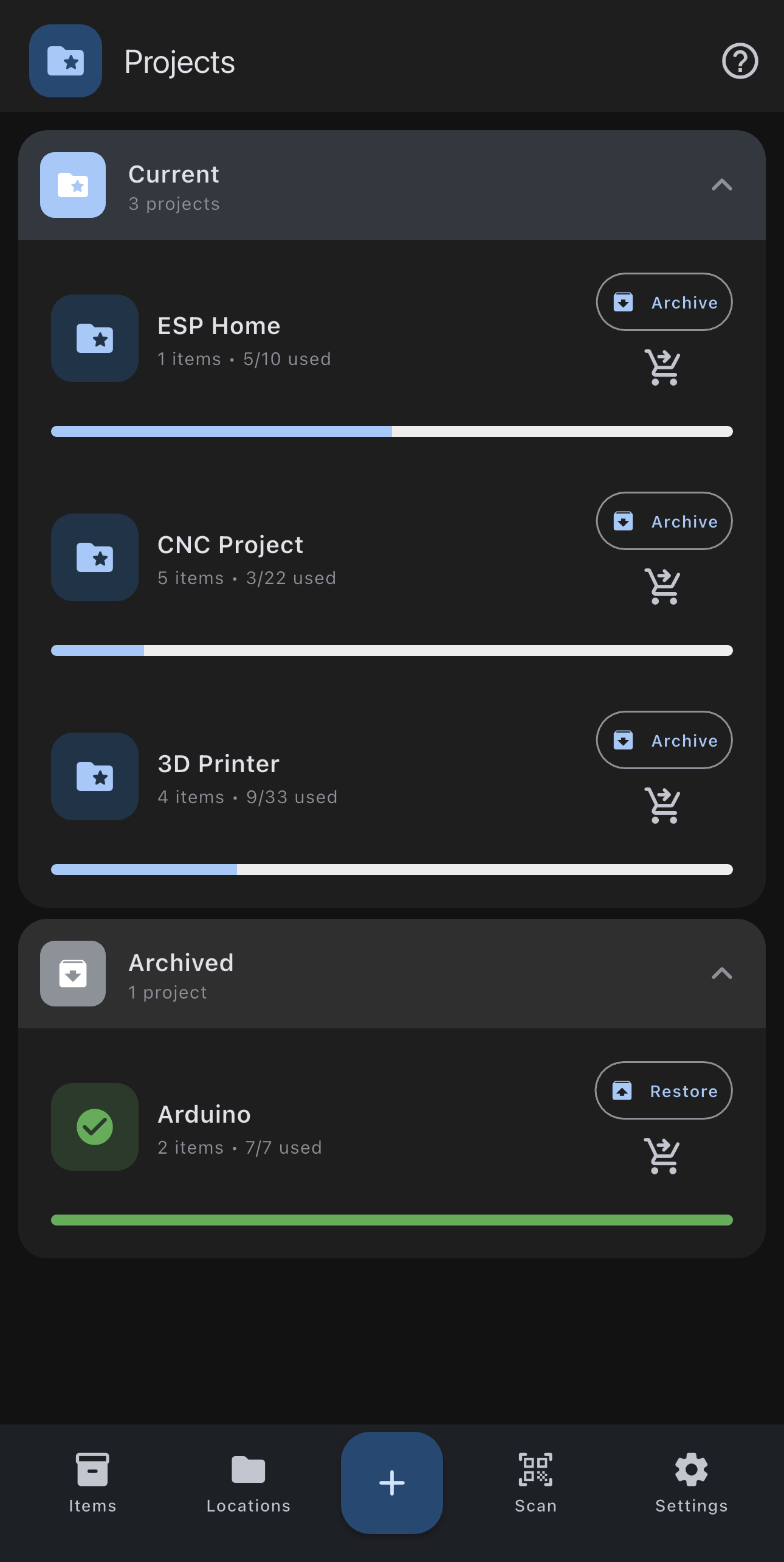 Maker Inventory screenshot: Projects