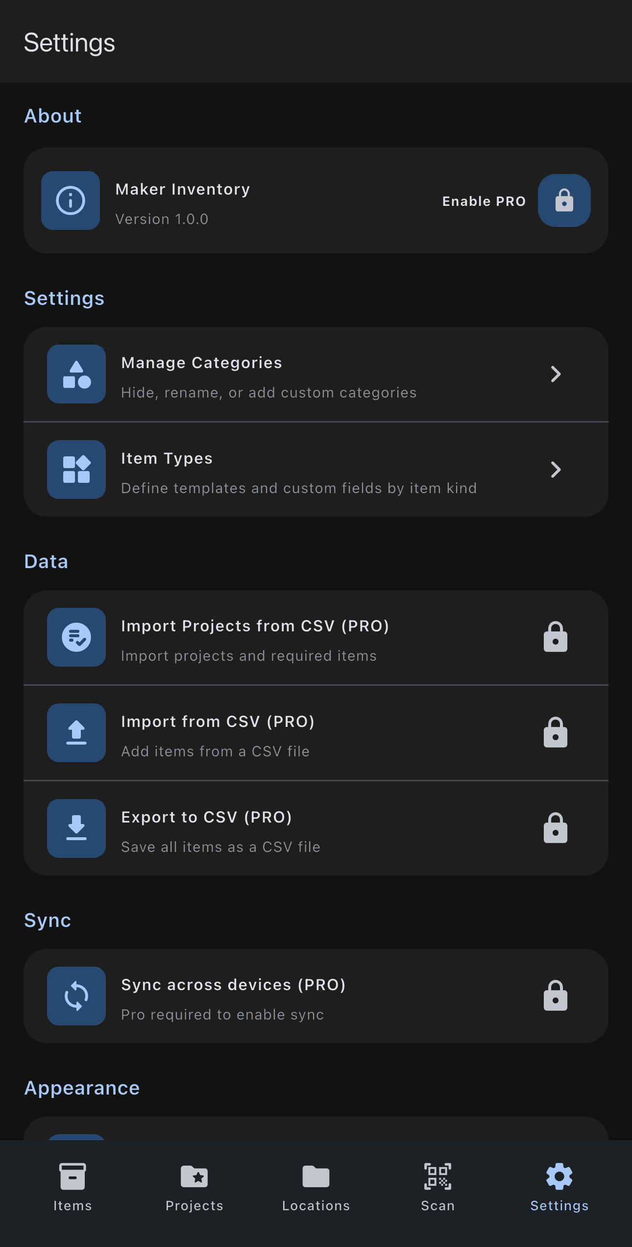 Maker Inventory screenshot: Settings